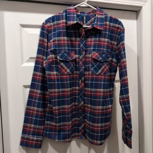 Exc. Kuhl Womens Alina Flannel Button Shirt Large Long Sleeve Plaid Blue Red - Picture 8 of 9